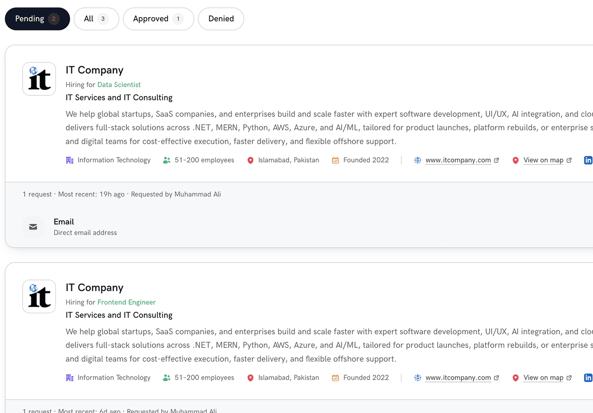 Interview requests dashboard showing pending recruiter messages