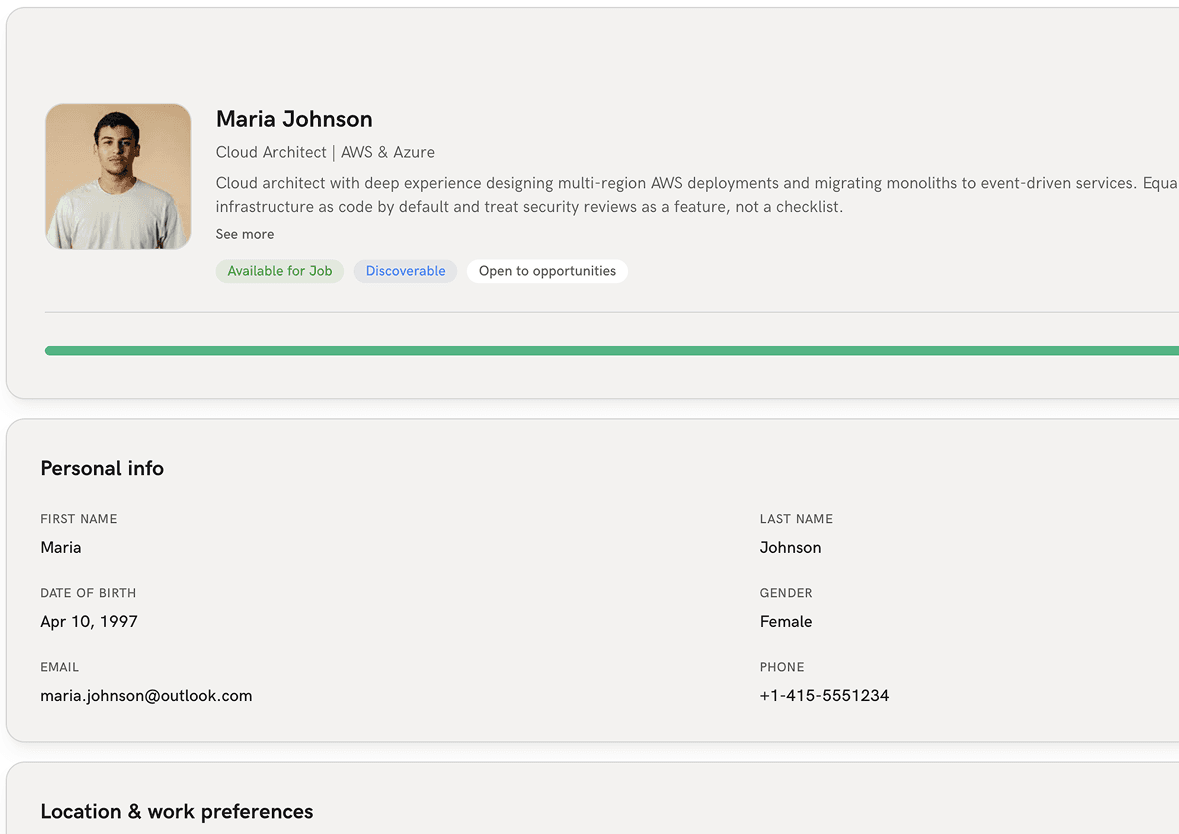 Candidate profile UI showing personal info, skills, and location